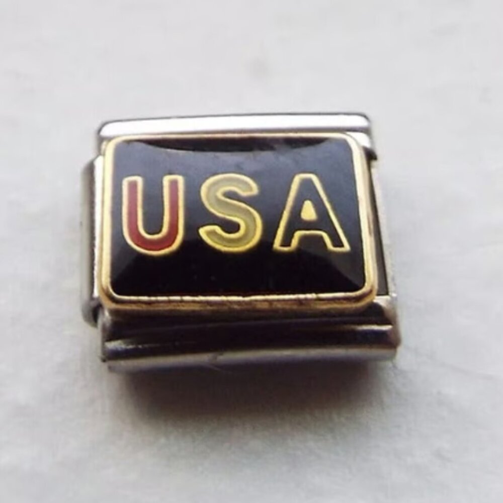 USA on black enamel 9mm stainless steel Italian charm bracelet link new